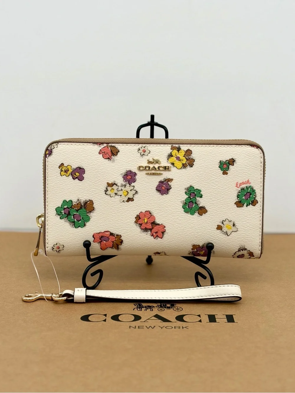 Coach Cream Floral Zip Wristlet Wallet with Multicolor Blooms